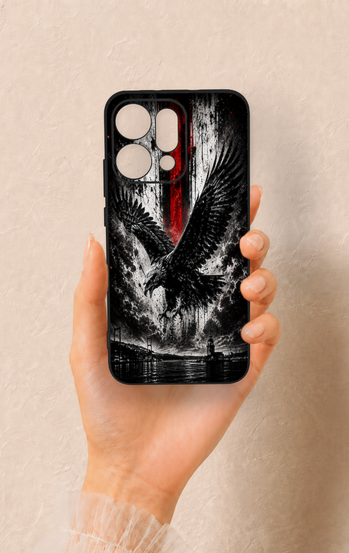 Oppo Reno 14 Uyumlu Kara Kartal Desenli Silikon Kılıf