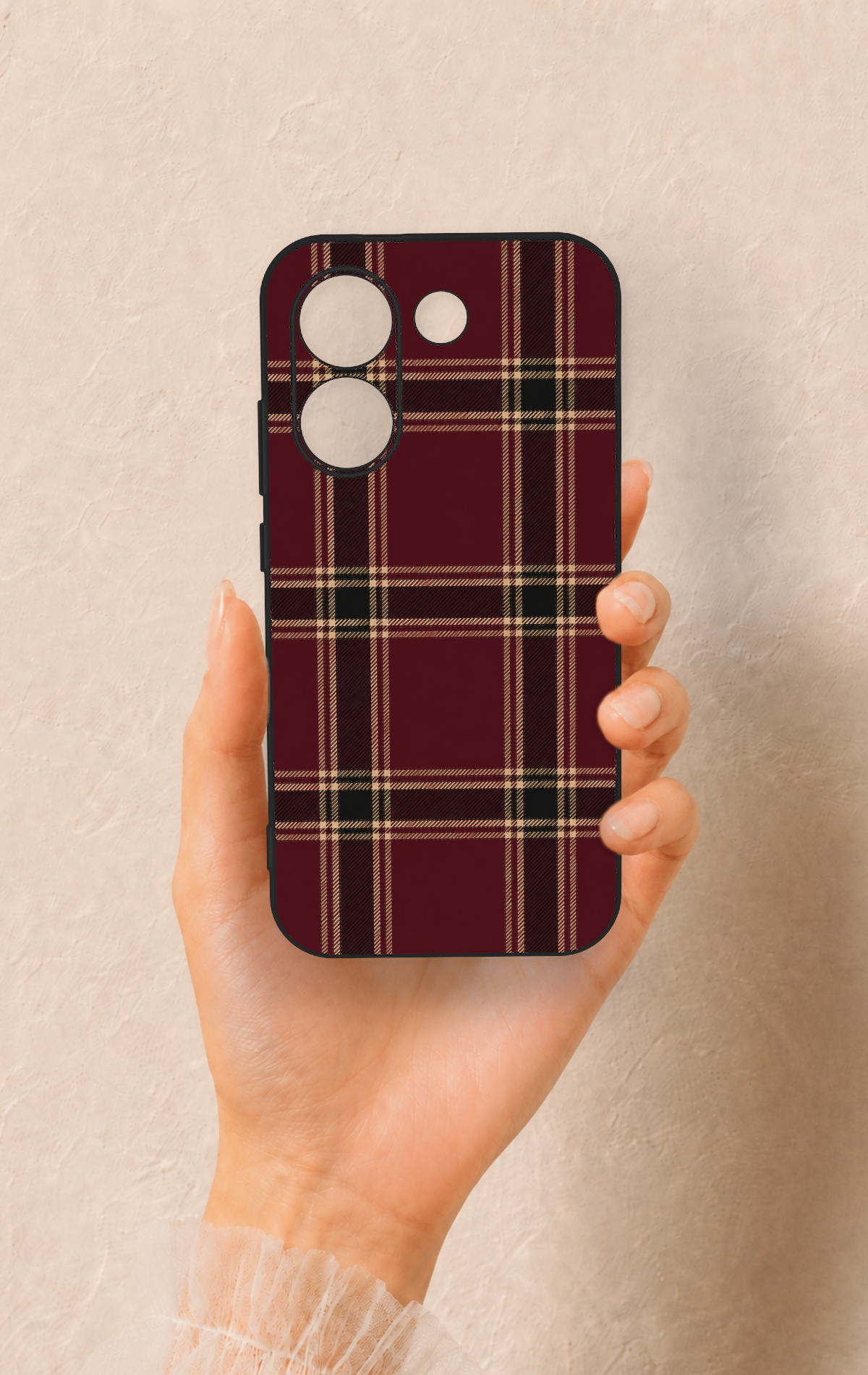 Poco X8 Pro Uyumlu Bordo Siyah Ekose Desenli Silikon Kılıf