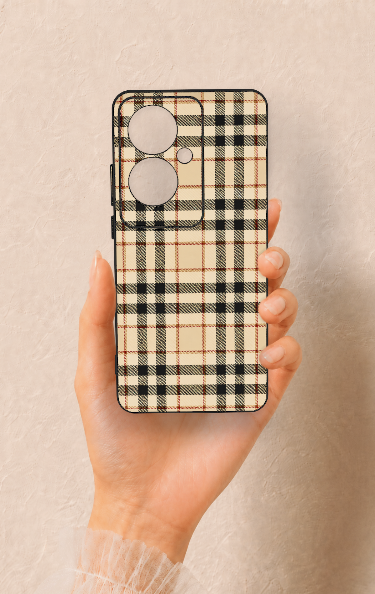 Oppo Reno 11F Uyumlu Karamel Siyah Ekose Desenli Silikon Kılıf
