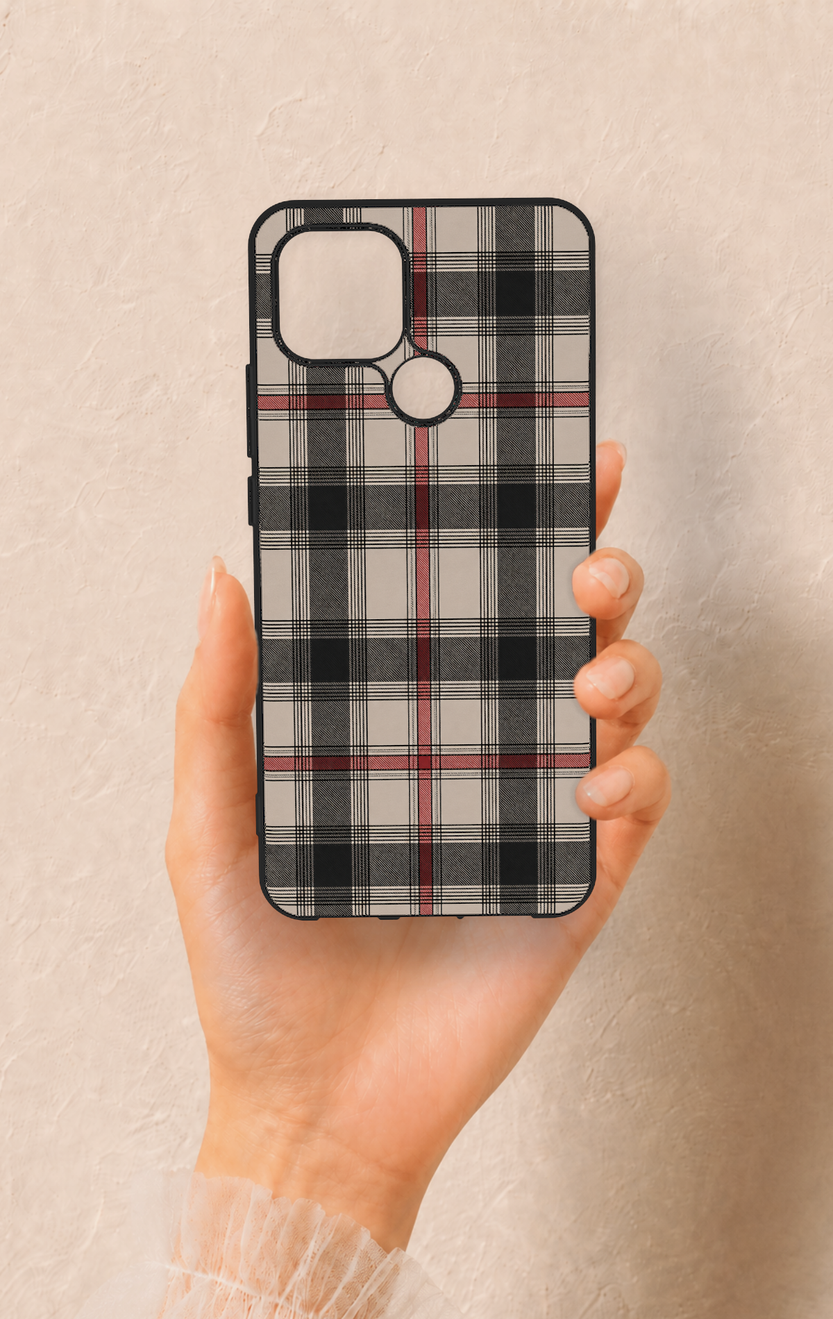 Oppo A15 Uyumlu Siyah Kırmızı Ekose Desenli Silikon Kılıf