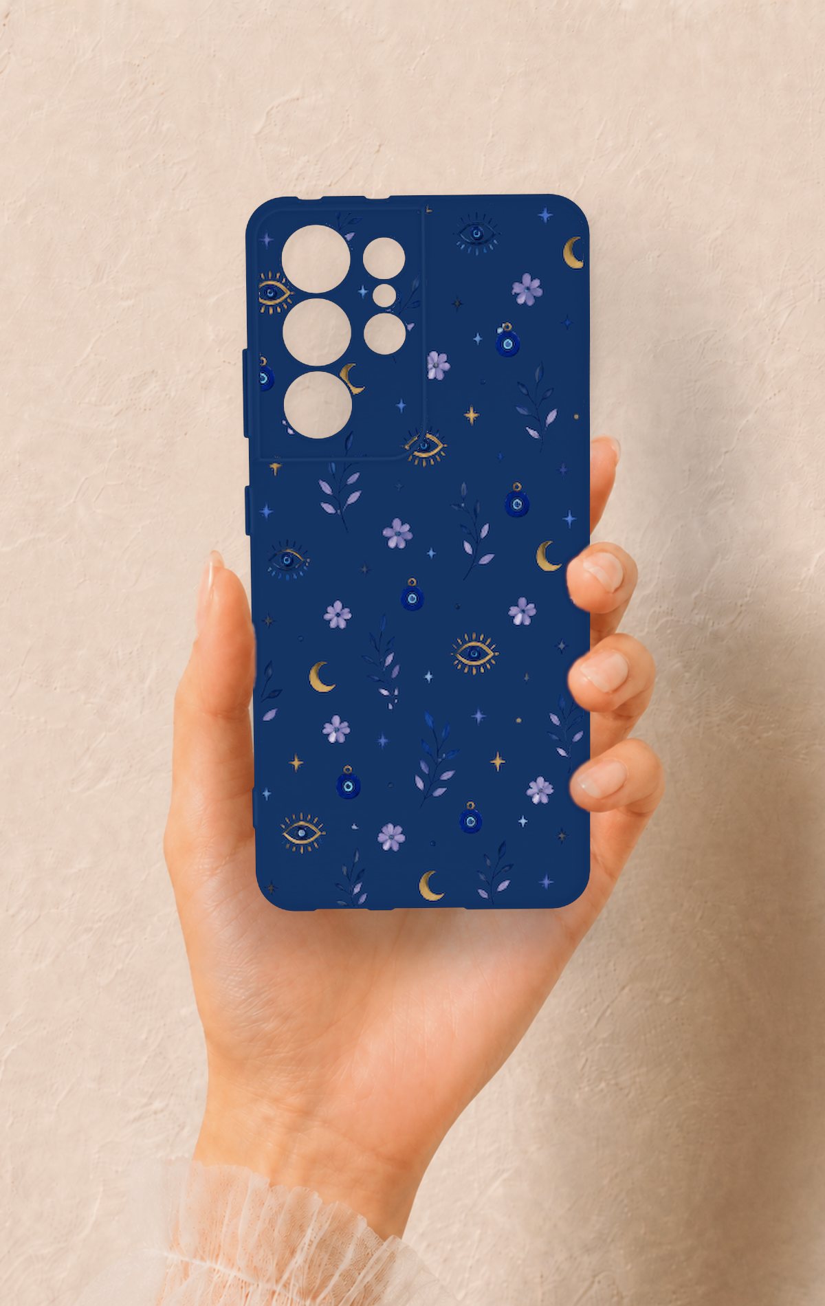 Samsung S21 Ultra Uyumlu Mavi Nazar Papatya Desenli Silikon Kılıf