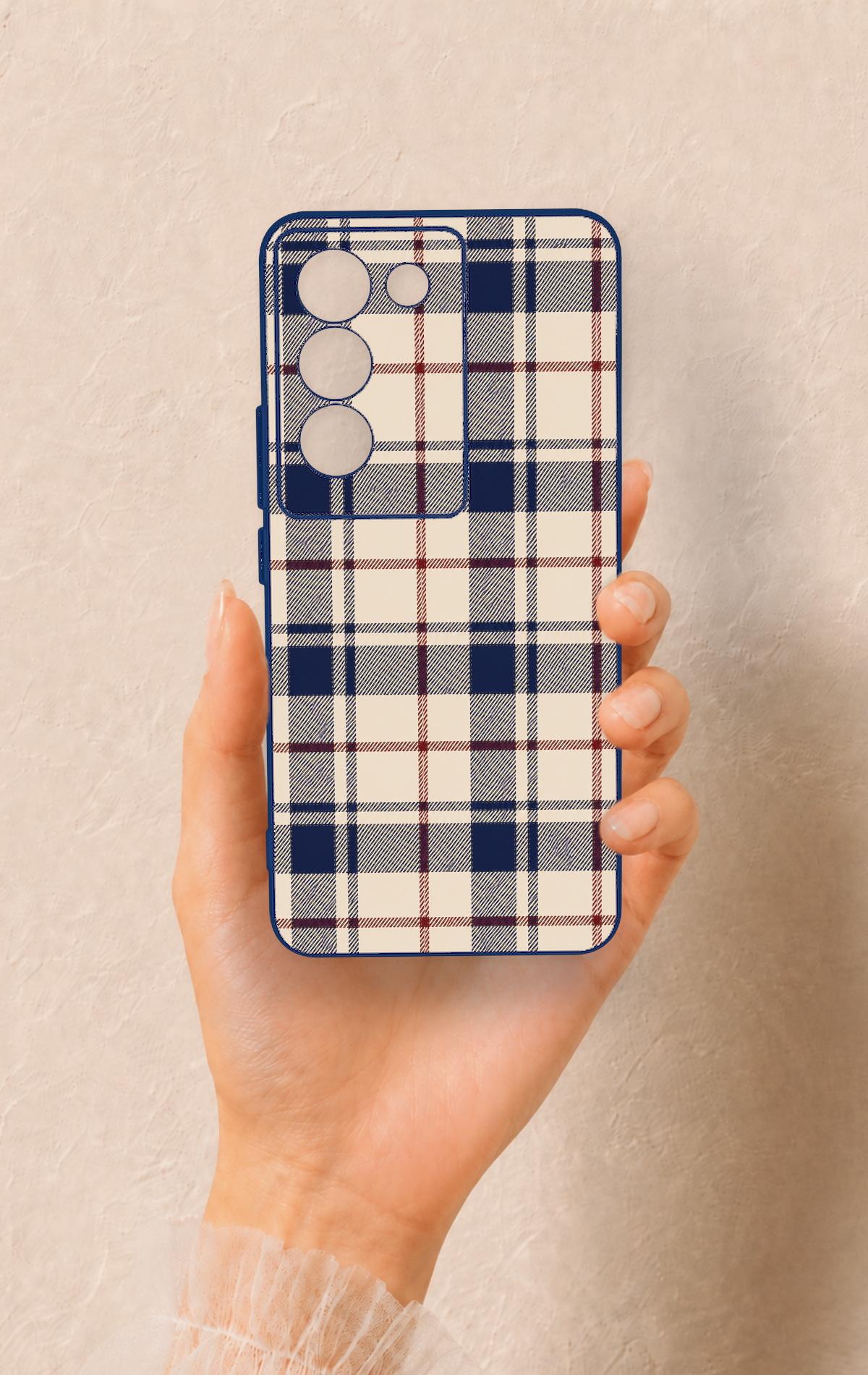 Vivo V30 Lite Uyumlu Mavi Bordo Çizgili Ekose Desenli Silikon Kılıf
