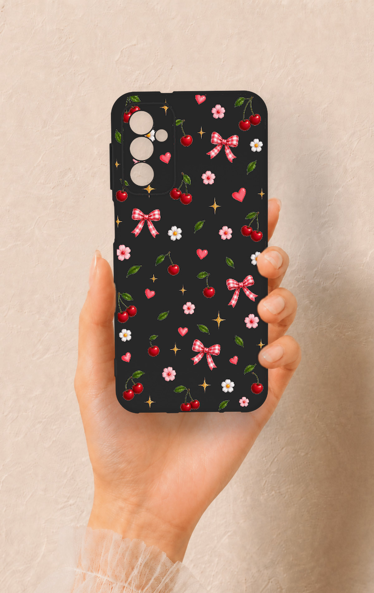 Samsung M13 Uyumlu Papatya Kiraz Fiyonk Desenli Silikon Kılıf