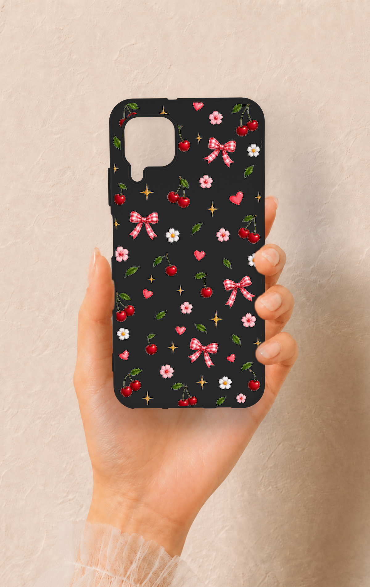 Huawei P40 Lite Uyumlu Papatya Kiraz Fiyonk Desenli Silikon Kılıf