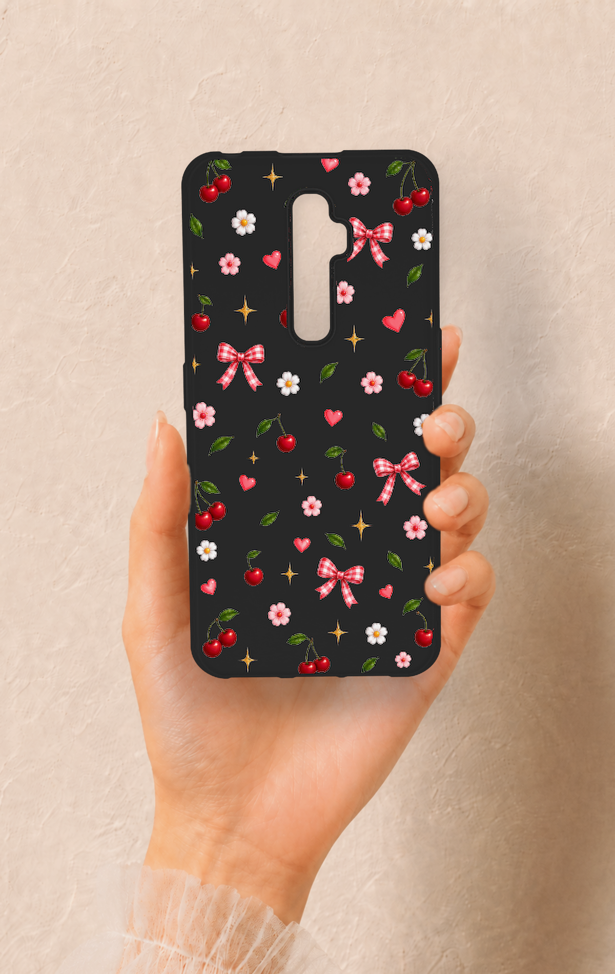 Oppo Reno 2Z Uyumlu Papatya Kiraz Fiyonk Desenli Silikon Kılıf