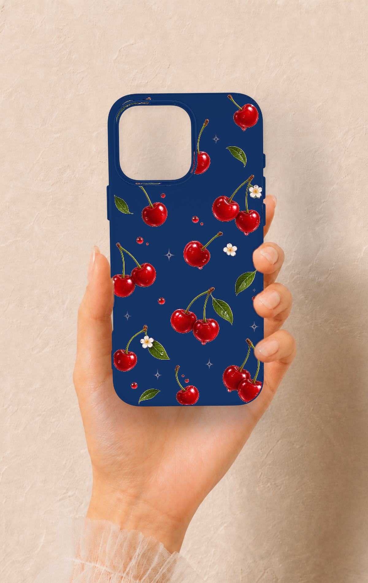 iPhone 16 Pro Max Uyumlu Kiraz Papatya Desenli Silikon Kılıf