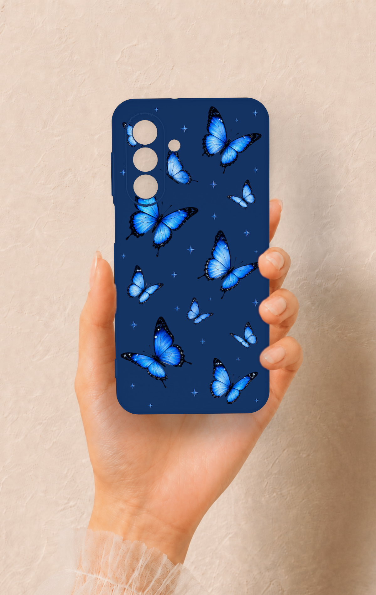 Samsung A17 Uyumlu Parlak Mavi Kelebek Desenli Silikon Kılıf