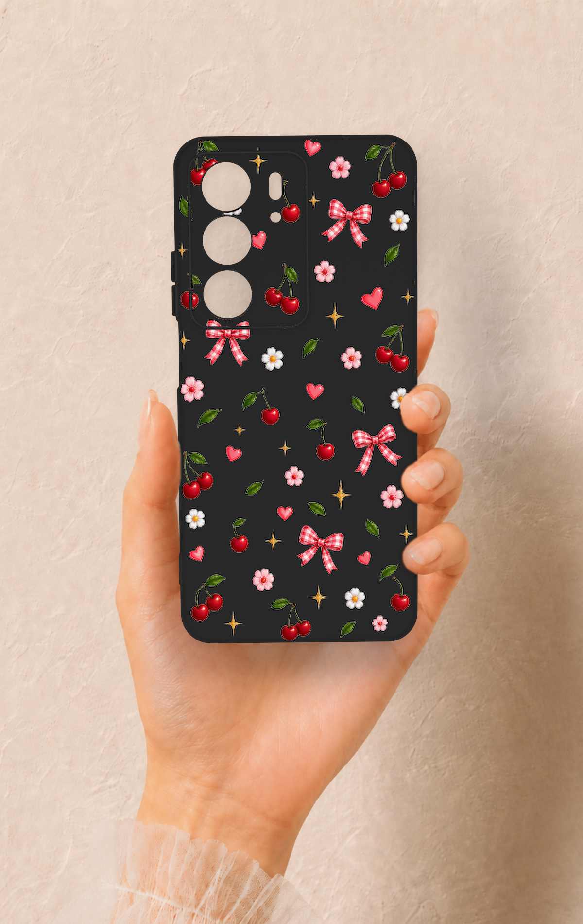 Realme C75 Uyumlu Papatya Kiraz Fiyonk Desenli Silikon Kılıf