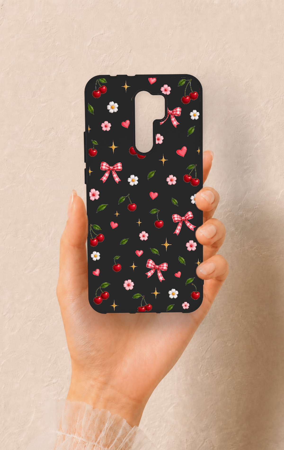 Redmi 9 Uyumlu Papatya Kiraz Fiyonk Desenli Silikon Kılıf