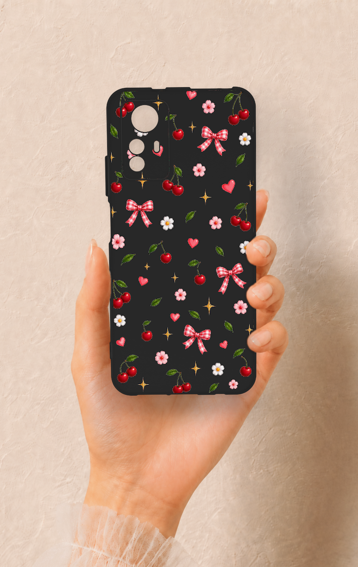 Redmi Note 12S Uyumlu Papatya Kiraz Fiyonk Desenli Silikon Kılıf