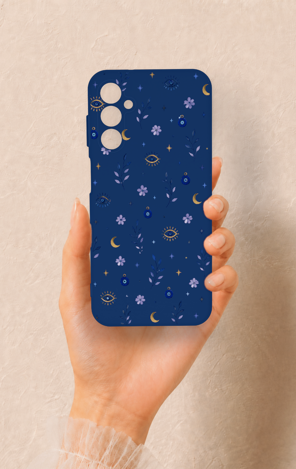Samsung M14 Uyumlu Mavi Nazar Papatya Desenli Silikon Kılıf