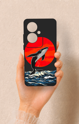 Oppo Reno 11F Uyumlu Kırmızı Güneş Balina Desenli Silikon Kılıf