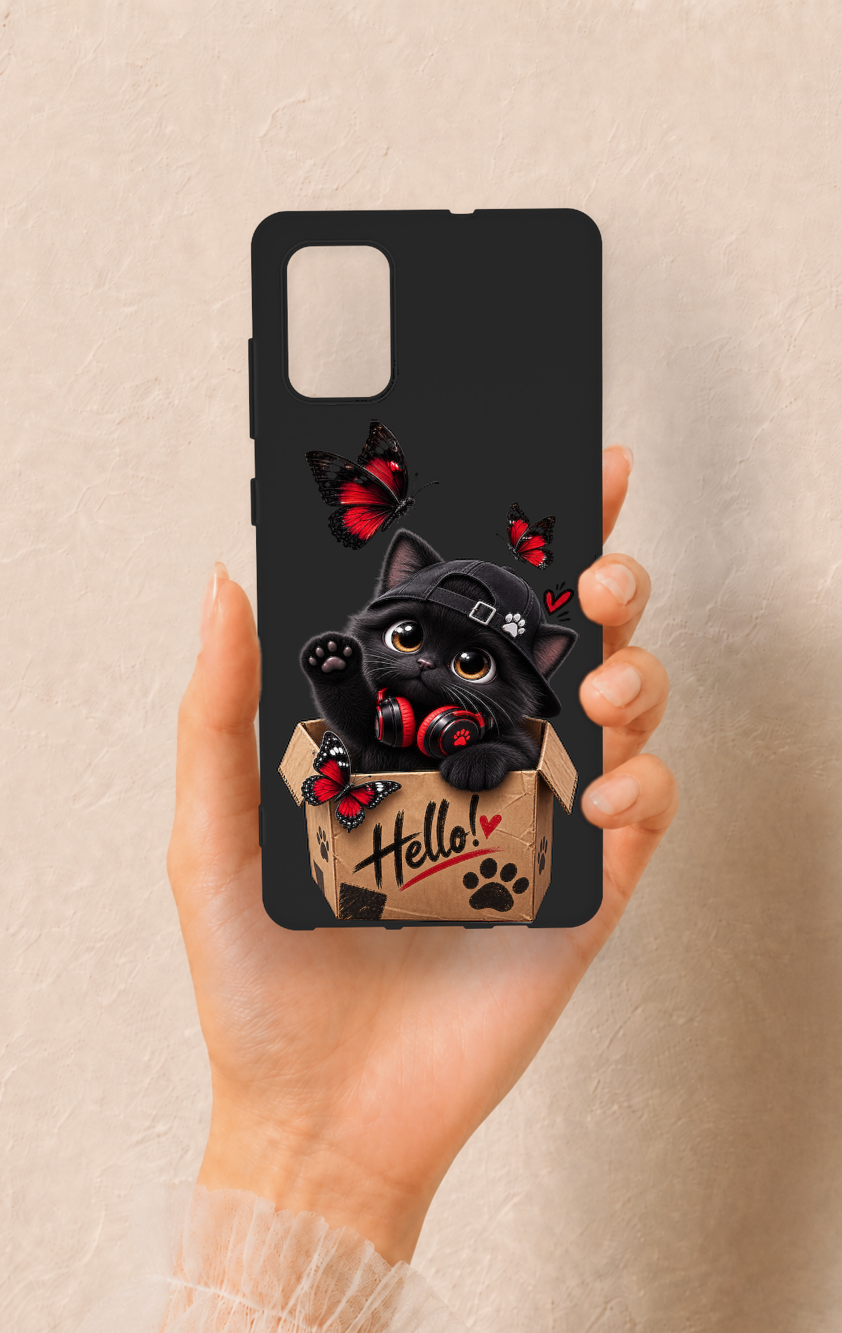 Samsung-A71 Uyumlu Hello Cat Desenli Silikon Kılıf