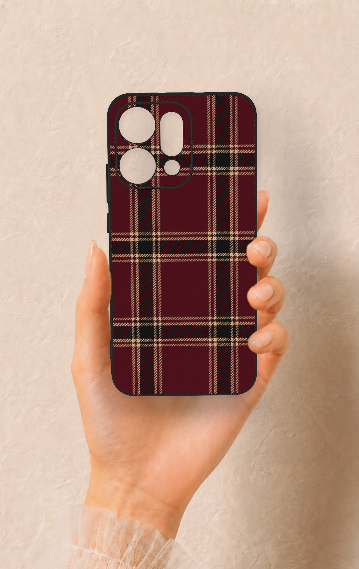 Oppo Reno 14 Uyumlu Bordo Siyah Ekose Desenli Silikon Kılıf