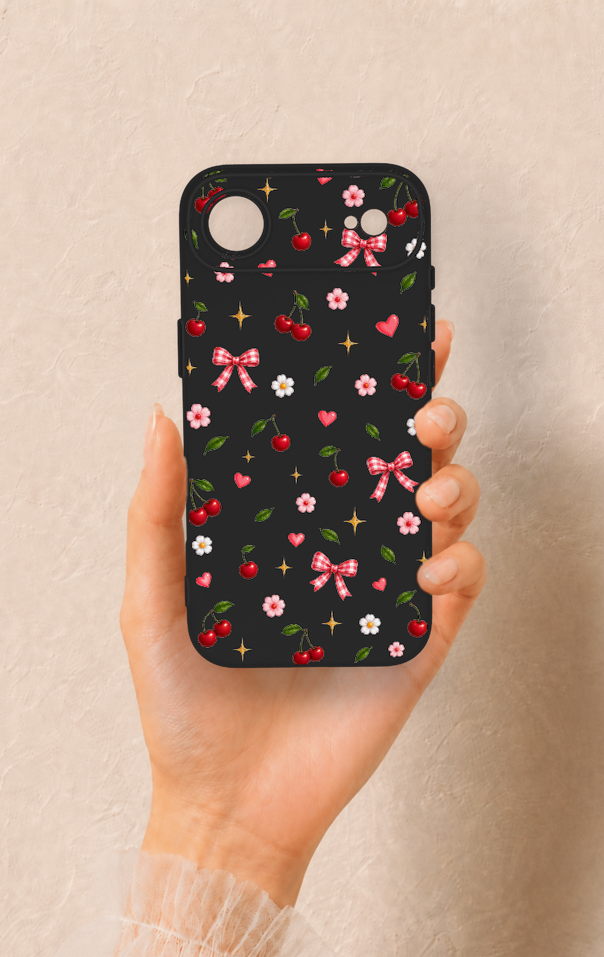 iPhone 17 Air Uyumlu Papatya Kiraz Fiyonk Desenli Silikon Kılıf
