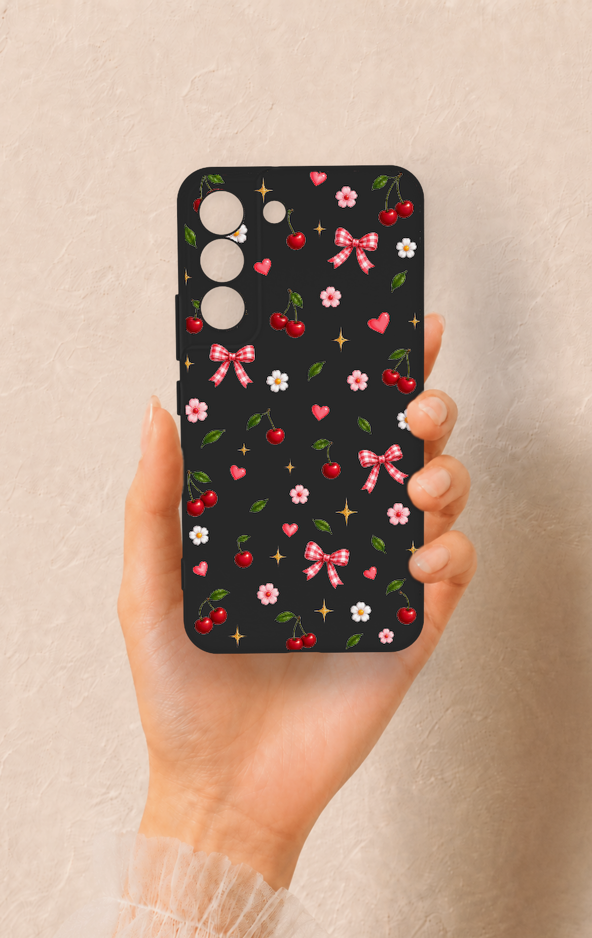 Samsung S22 Uyumlu Papatya Kiraz Fiyonk Desenli Silikon Kılıf