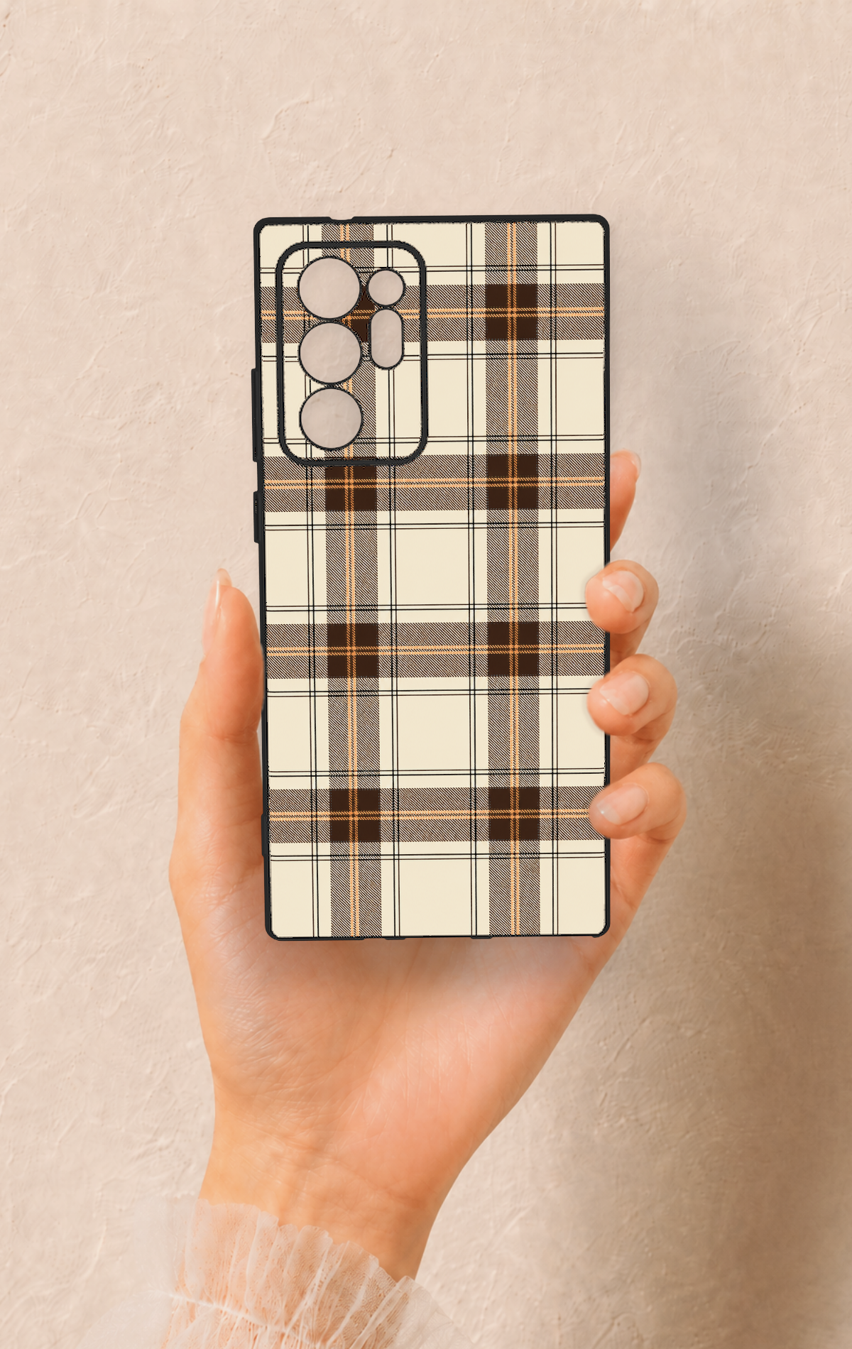 Samsung Note 20 Ultra Uyumlu Bej Kahverengi Ekose Desenli Silikon Kılıf