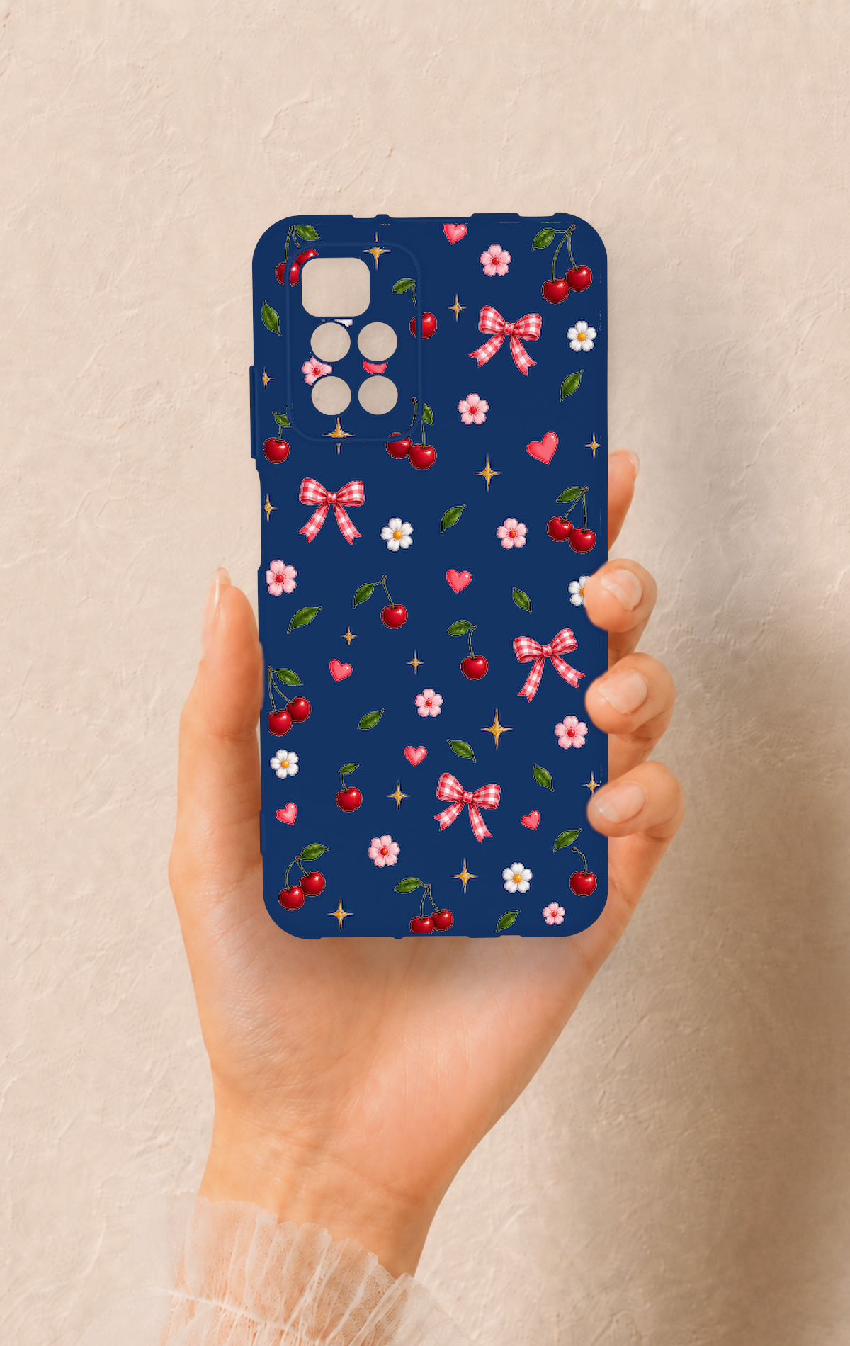 Redmi 10 2022 Uyumlu Çiçek Kiraz Fiyonk Desenli Silikon Kılıf