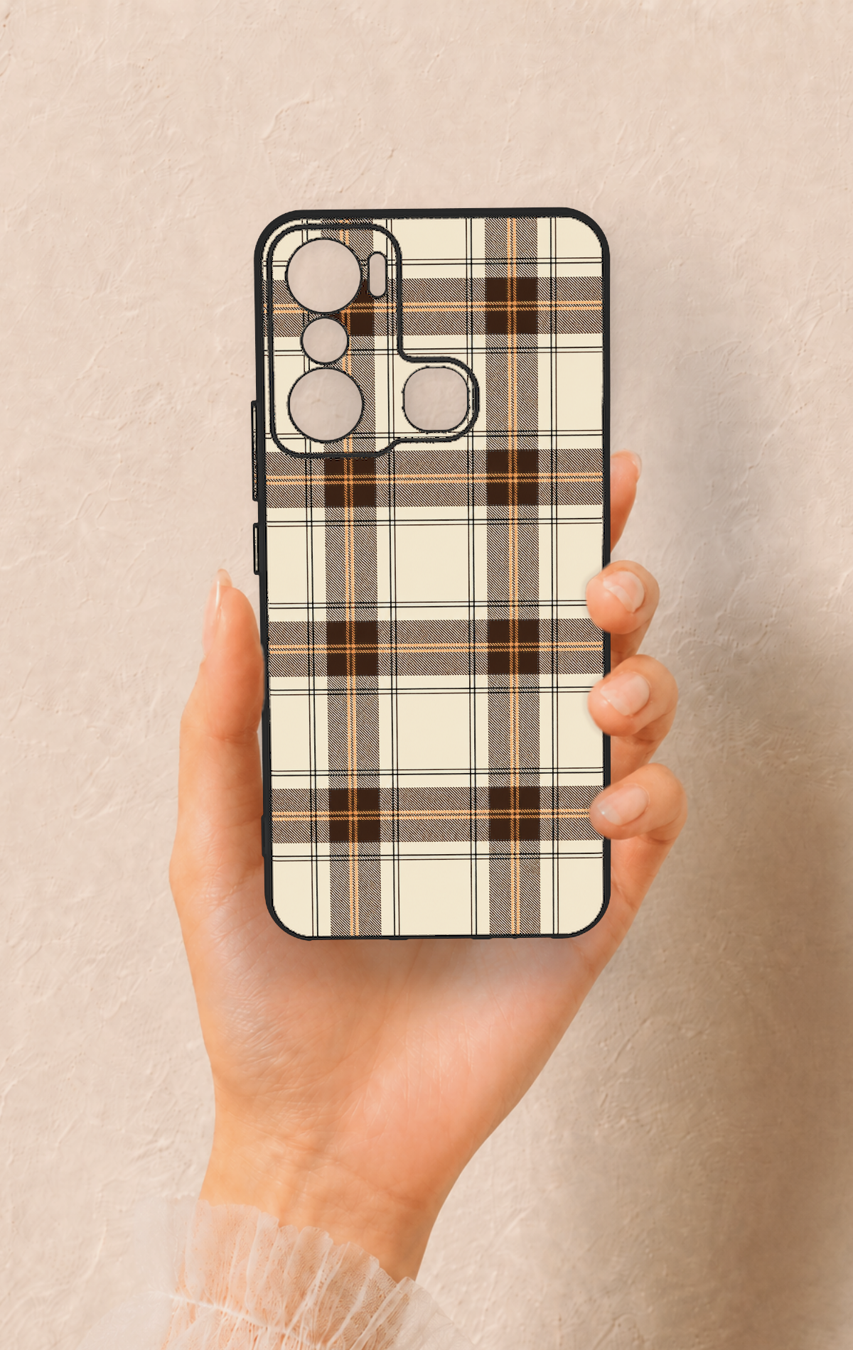 İnfinix Hot 20i Uyumlu Bej Kahverengi Ekose Desenli Silikon Kılıf