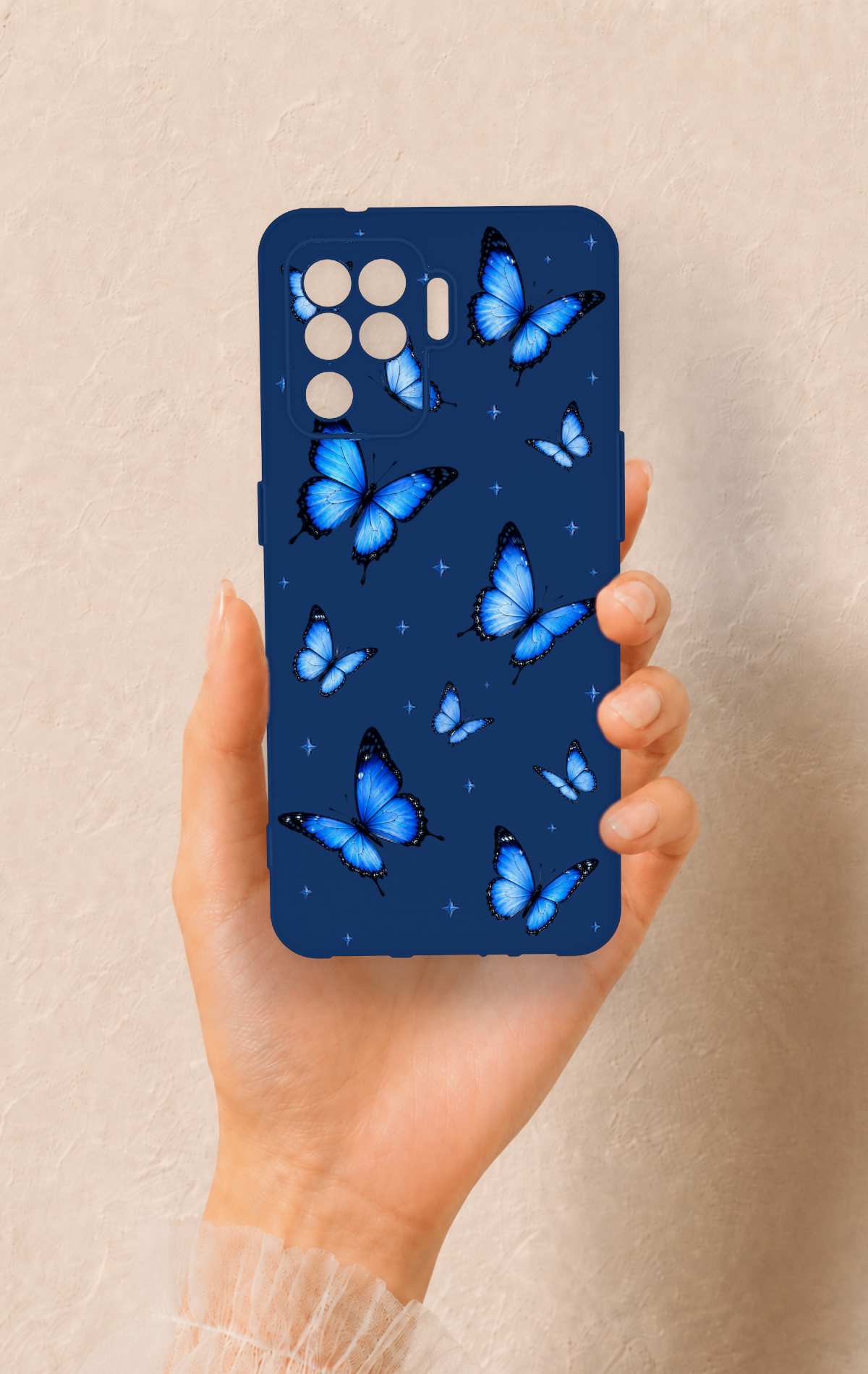 Oppo Reno 5 Lite Uyumlu Parlak Mavi Kelebek Desenli Silikon Kılıf