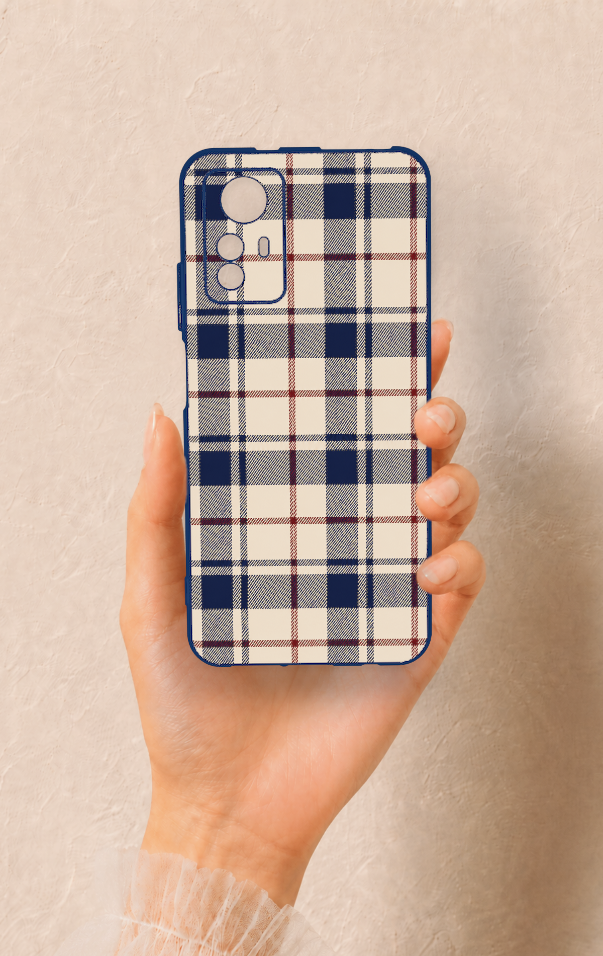 Redmi Note 12S Uyumlu Mavi Bordo Çizgili Ekose Desenli Silikon Kılıf