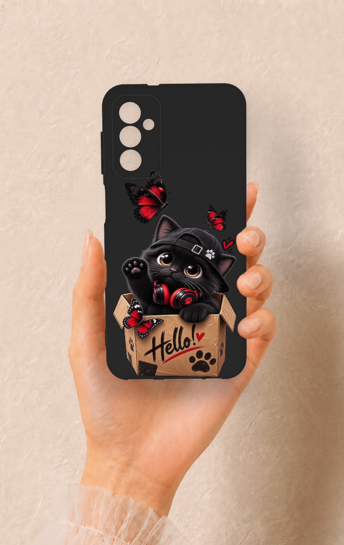Samsung M13 Uyumlu Hello Cat Desenli Silikon Kılıf