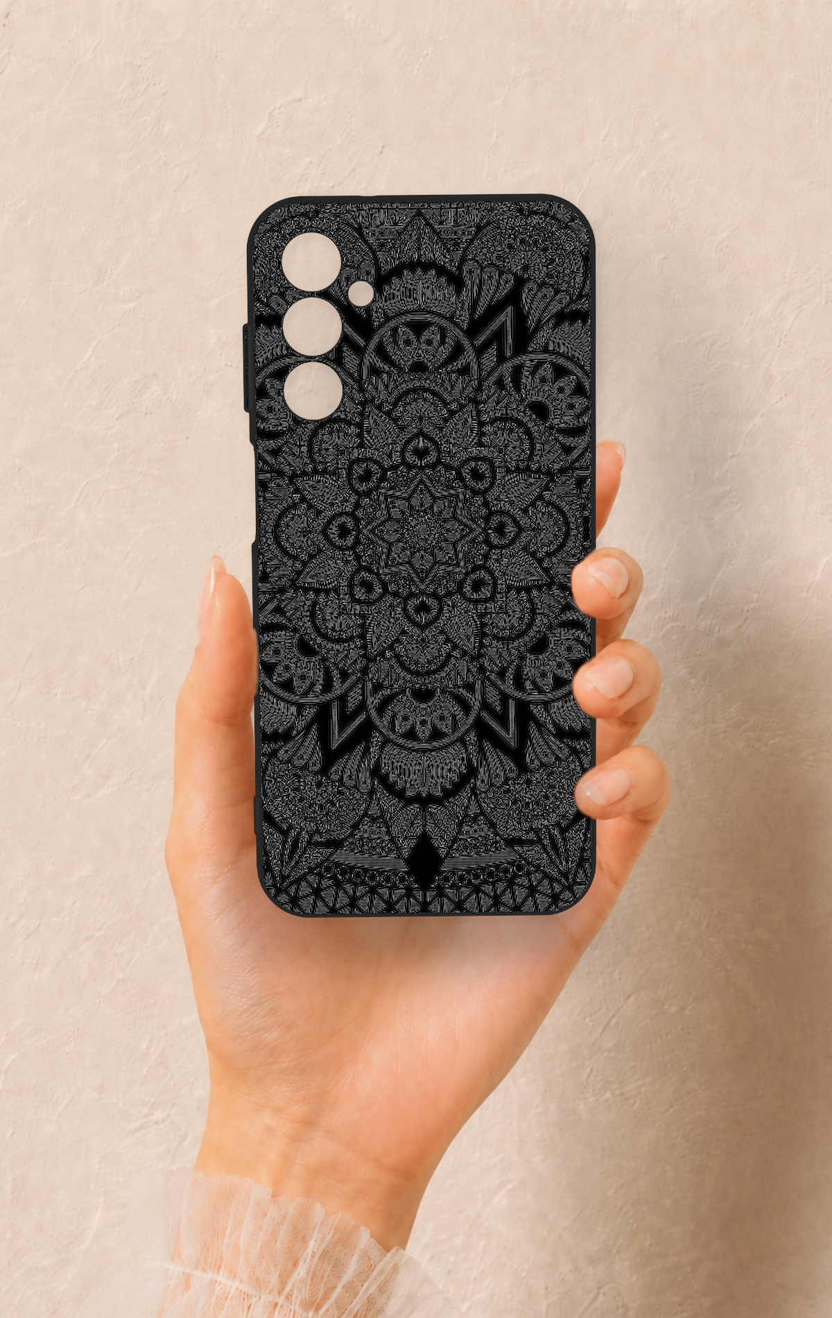 Samsung M14 Uyumlu Siyah Beyaz Mandala Desenli Silikon Kılıf