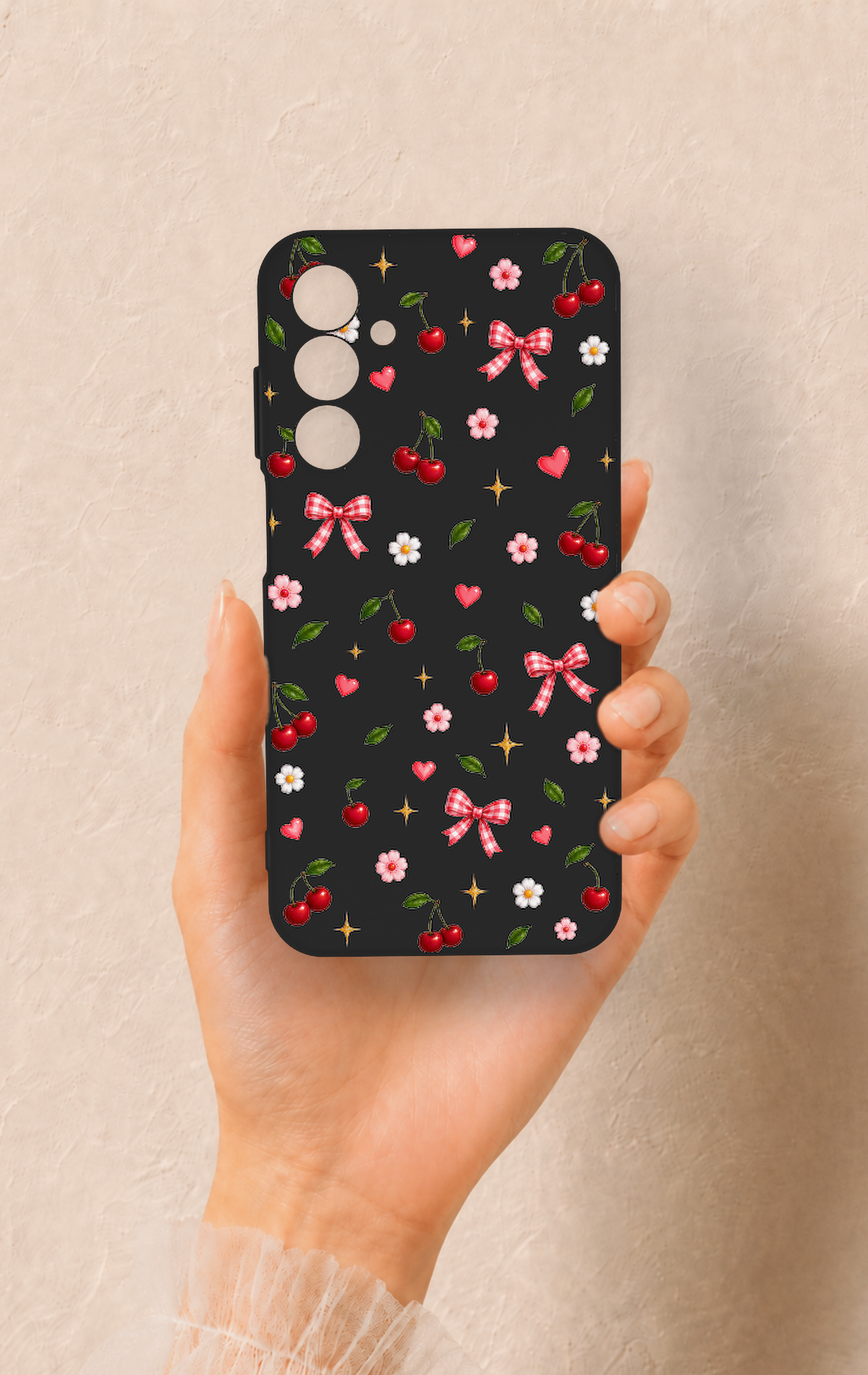 Samsung A25 Uyumlu Papatya Kiraz Fiyonk Desenli Silikon Kılıf