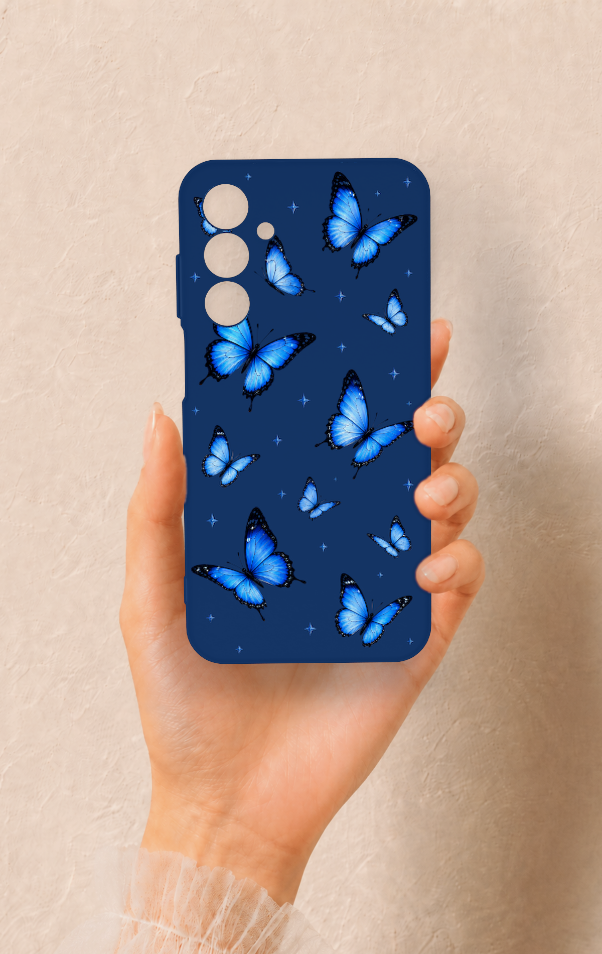 Samsung A25 Uyumlu Parlak Mavi Kelebek Desenli Silikon Kılıf