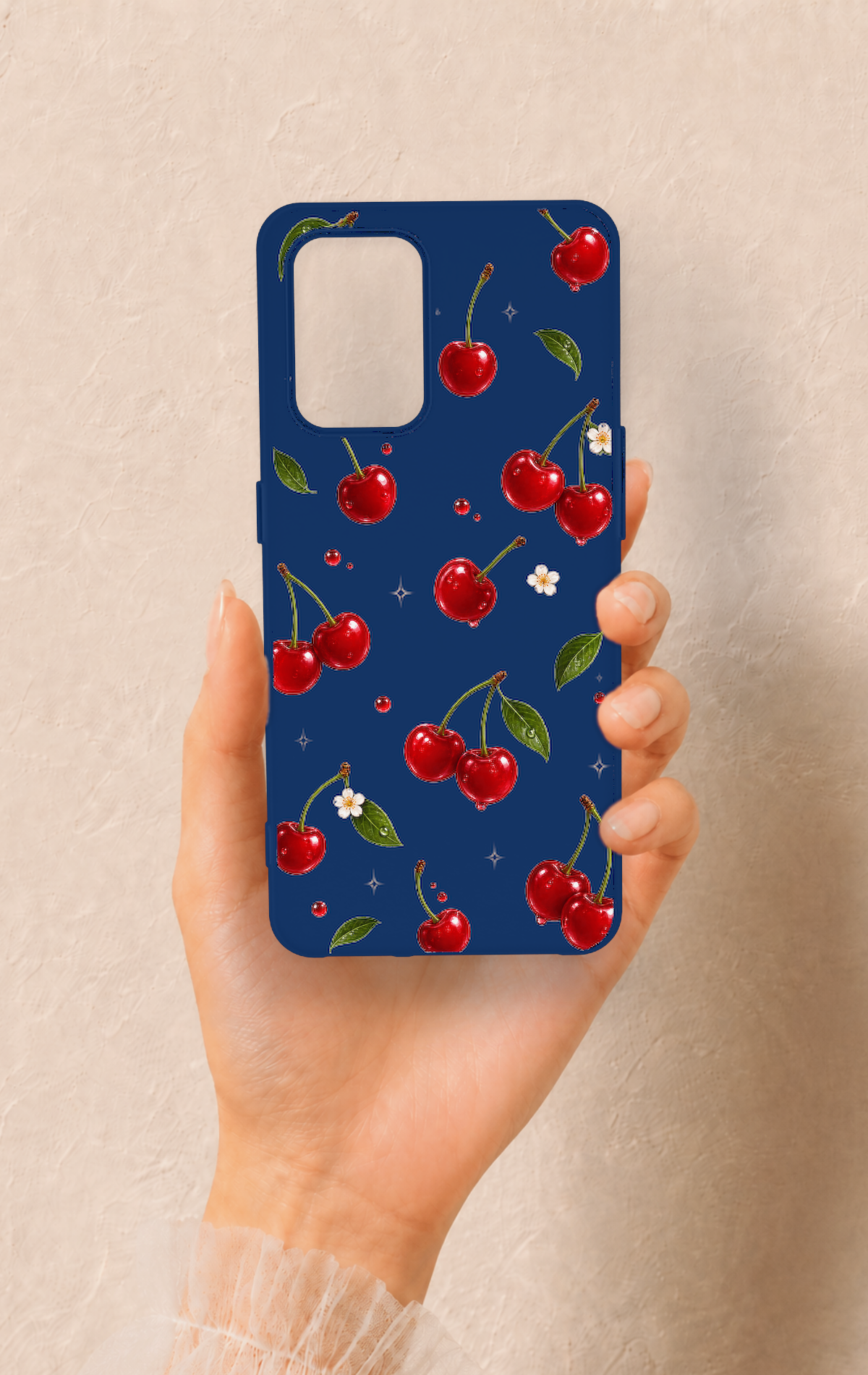 Oppo-A74 Uyumlu Kiraz Papatya Desenli Silikon Kılıf