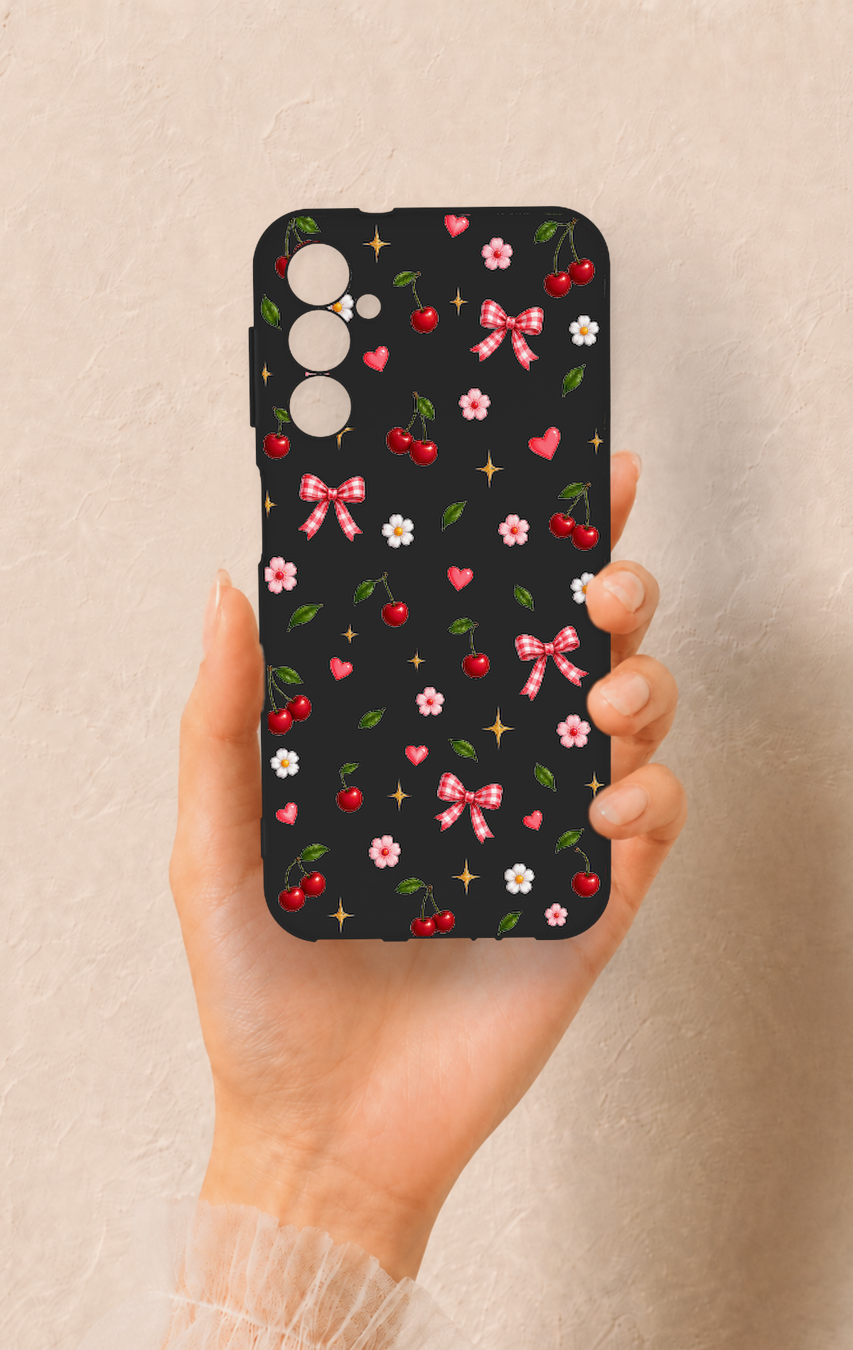 Samsung A14 Uyumlu Papatya Kiraz Fiyonk Desenli Silikon Kılıf