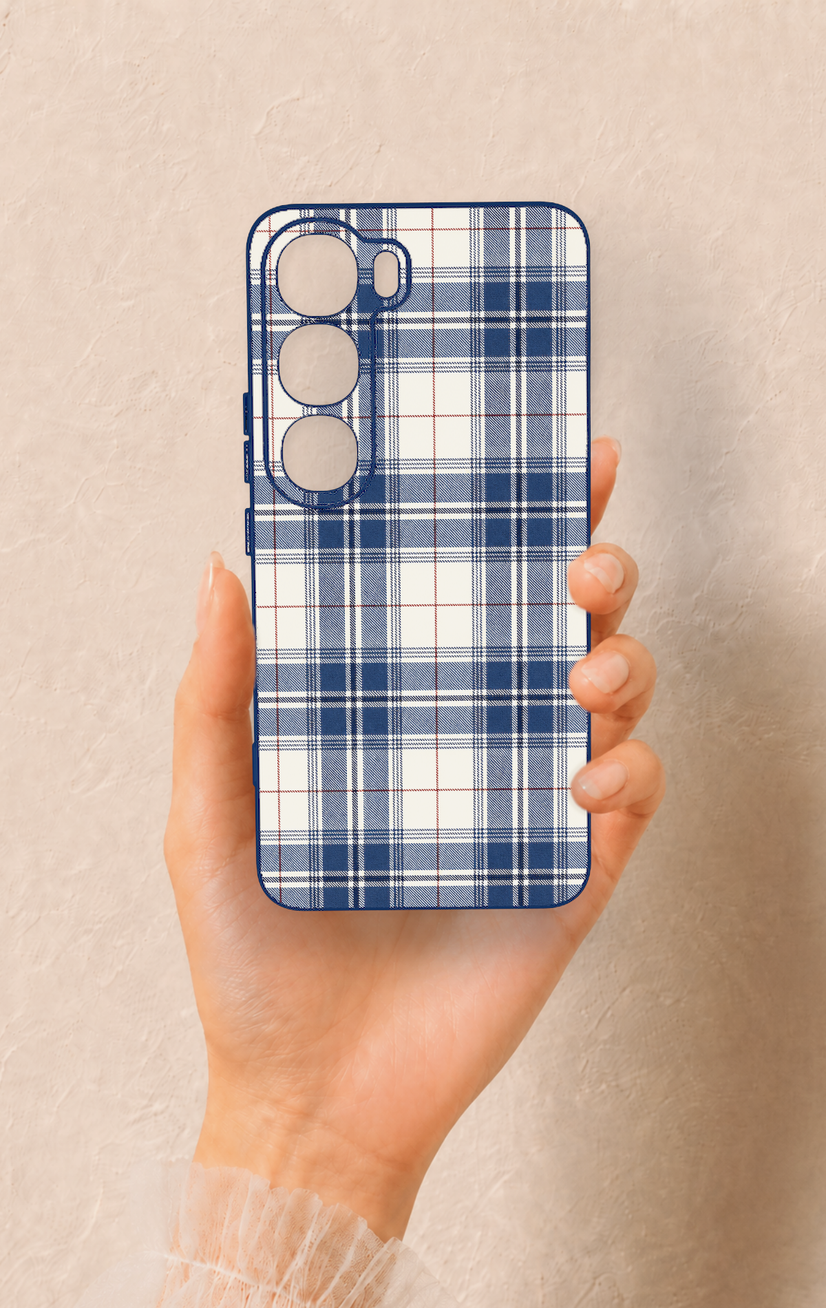 Vivo V40 Lite 5G Uyumlu Bej Lacivert Ekose Desenli Silikon Kılıf