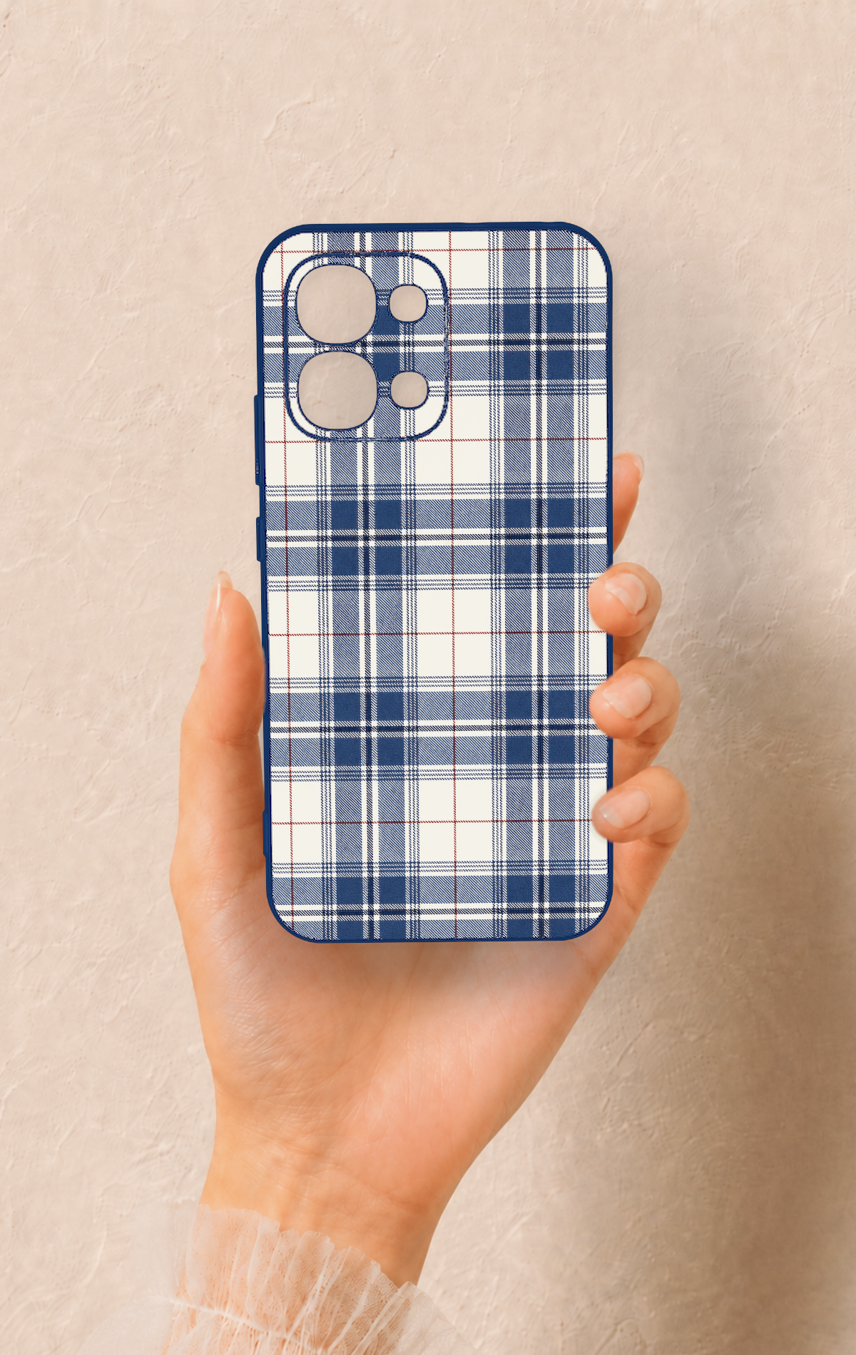Oppo A6 Pro Uyumlu Bej Lacivert Ekose Desenli Silikon Kılıf