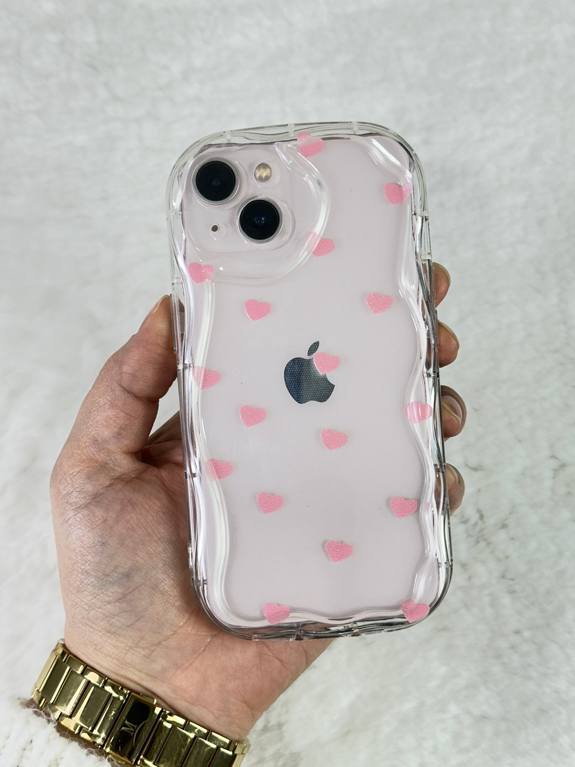 iPhone 14 Şeffaf Pembe Kalp Desenli Kamera Çıkıntılı Poly Kılıf