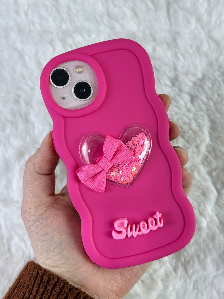 iPhone 15 Renkli Kalp Kurdele Detaylı Simli Dalgalı Sweety Kılıf