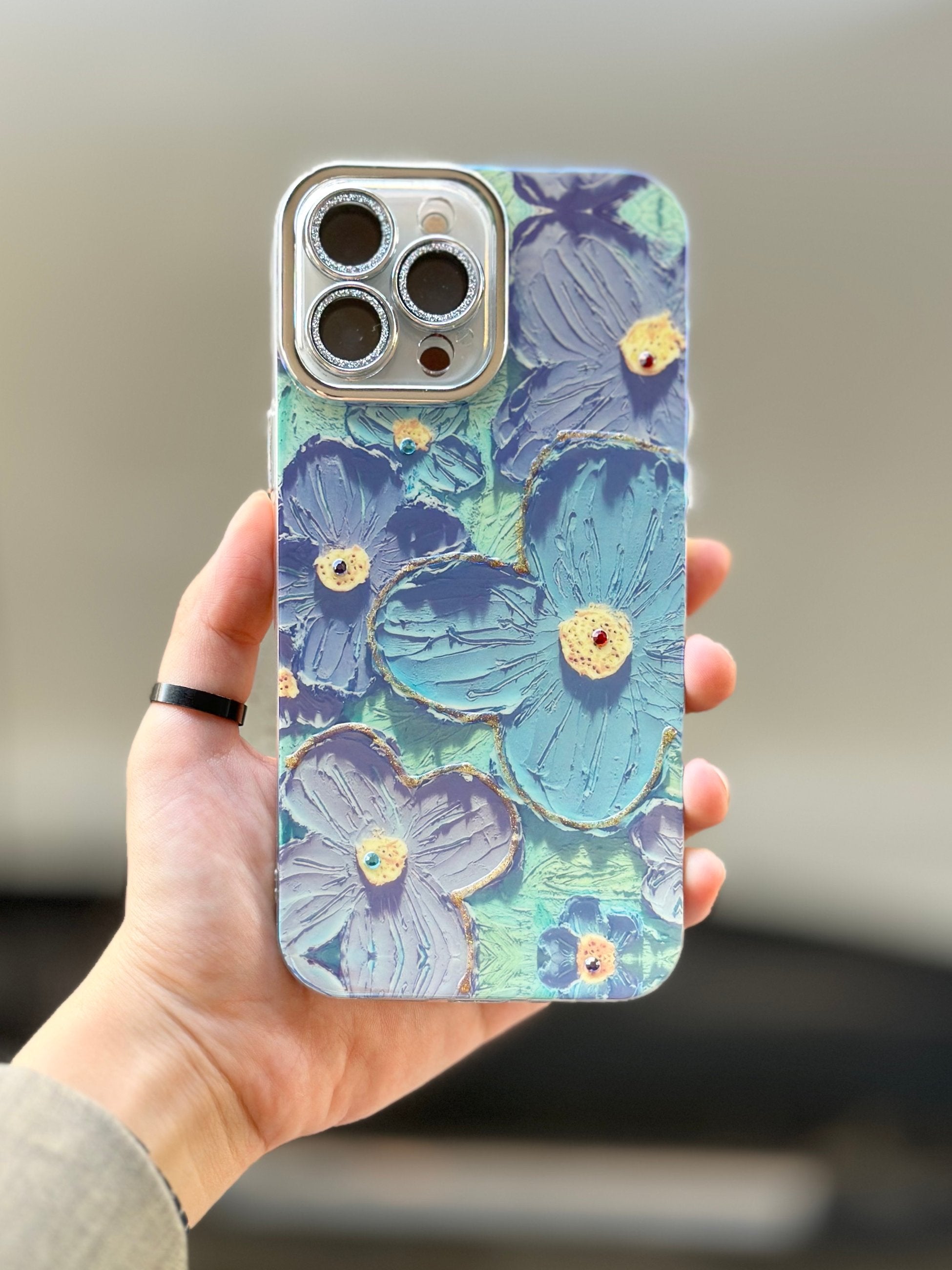 iPhone 14 Pro Çiçek Desenli Lens Koruyuculu Paint Kılıfı